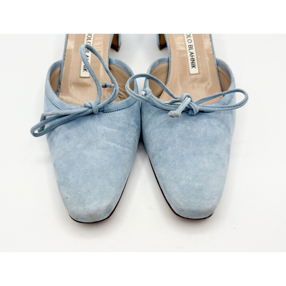 Manolo Blahnik Baby Blue Suede Mules Kitten Heels Bow Accent Size EU 37.5 - Picture 6 of 12